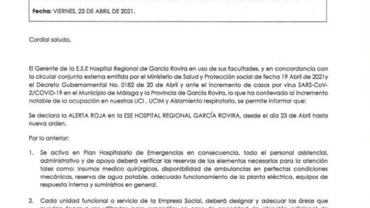 Alerta roja en Hospital Regional de García Rovira